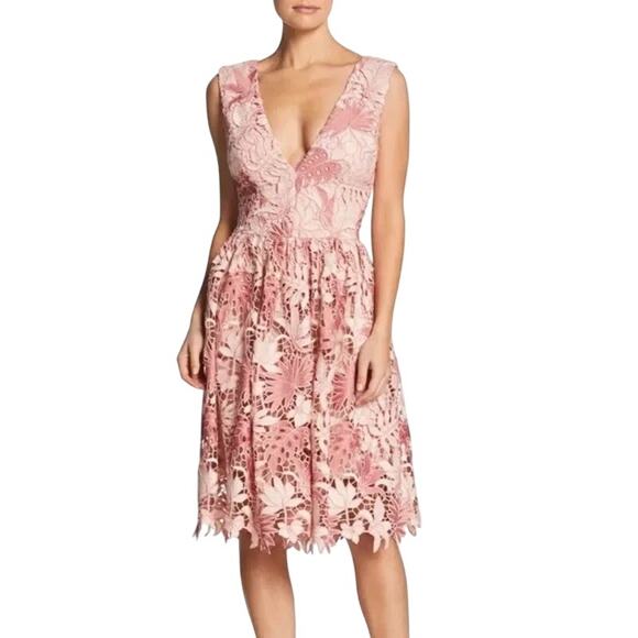 BHLDN x DRESS THE POPULATION Pink Rose Rita Floral Lace Plunge Midi Dress EUC XS - Picture 1 of 8
